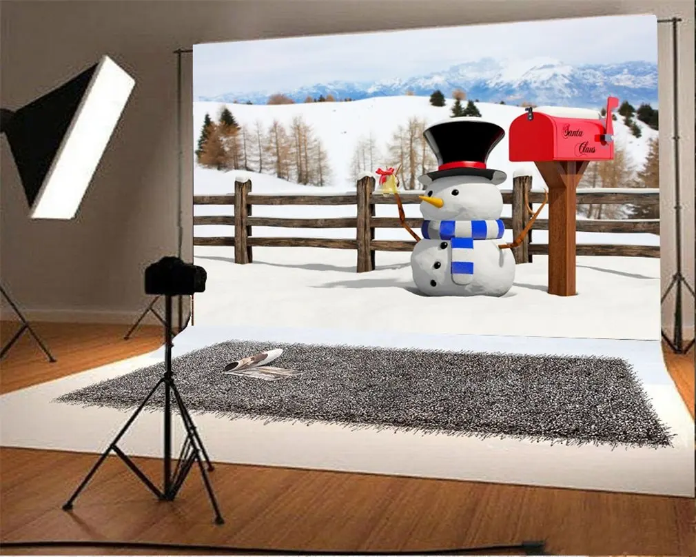 

Photography Backdrop Merry Christmas Snowman Santa Claus Mail Box Snow Covered Landscape Wooden Fence Mountain Winter Pine Tree