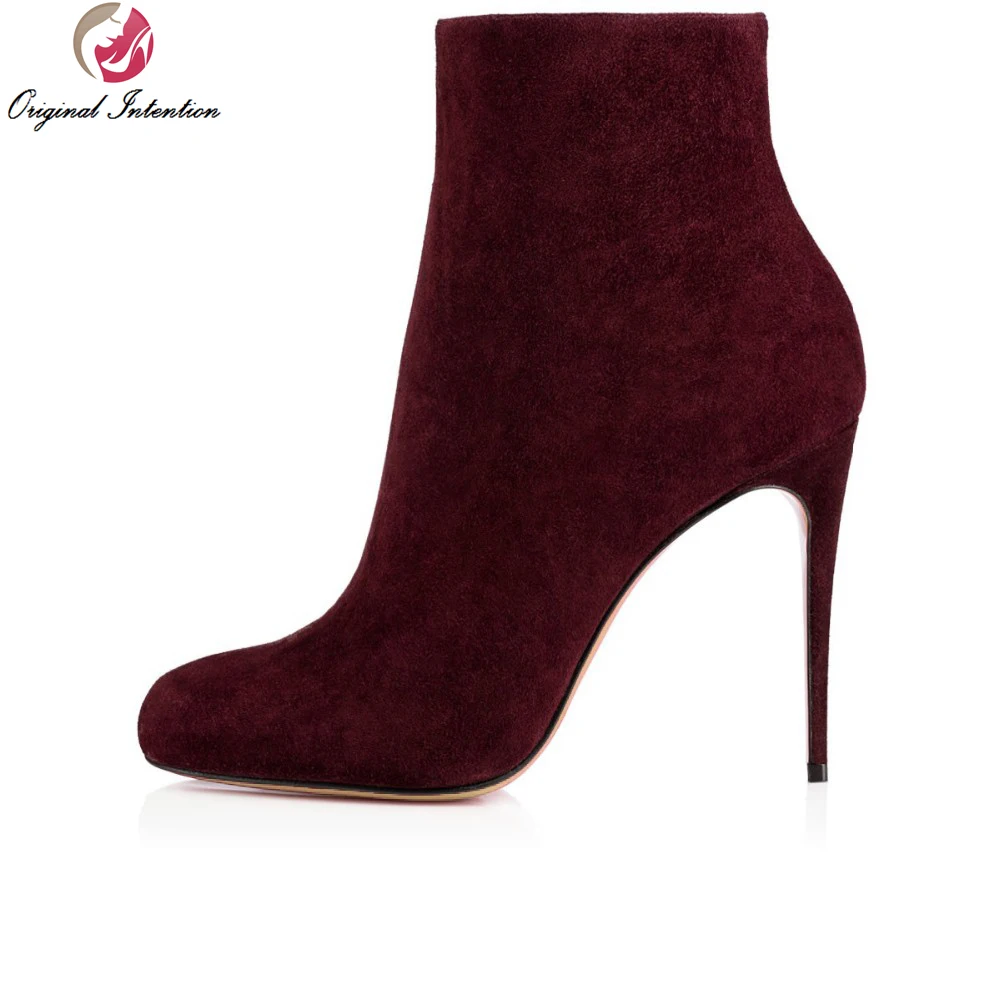 

Original Intention Super Elegant Women Ankle Boots Round Toe Thin Heels Wine Red Boots High-quality Shoes Woman Plus Size 4-15