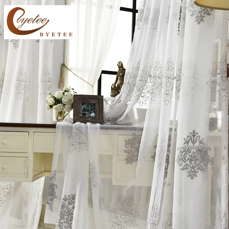 High Quality Linen Embroidered Curtain Bedroom Window Tulle Gauze Grey Voile Curtains For Living Room Curtain Finished