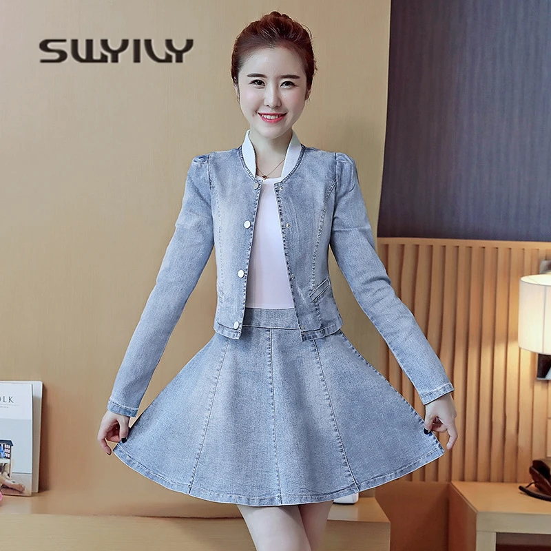 SWYIVY Denim Woman Dress Suit 2018 Spring Summer Cowboy Long Sleeve Dress XL Slim Woman Dresses Denim Jacket Coat Two Piece Sets