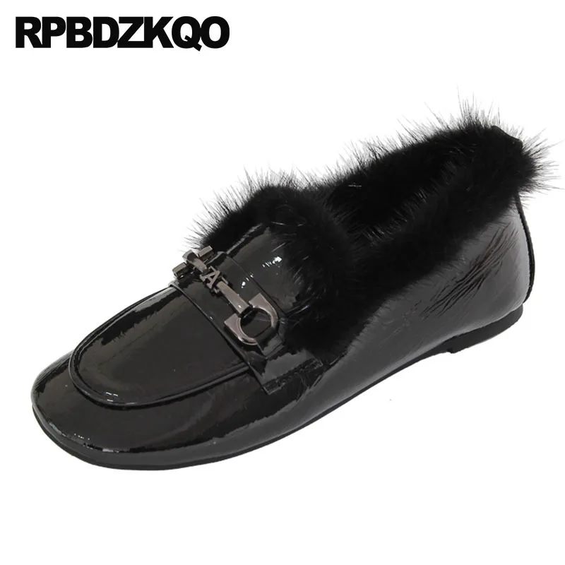 

rhinestone comfy fur square toe ladies beautiful flats shoes women loafers winter patent leather metal black diamond crystal