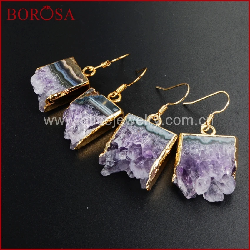 

BOROSA Drusy Dangle Earrings for Women Gold Color Natural Raw Purple Crystal Druzy Slice Natural Amethysts Drop Earrings WX014