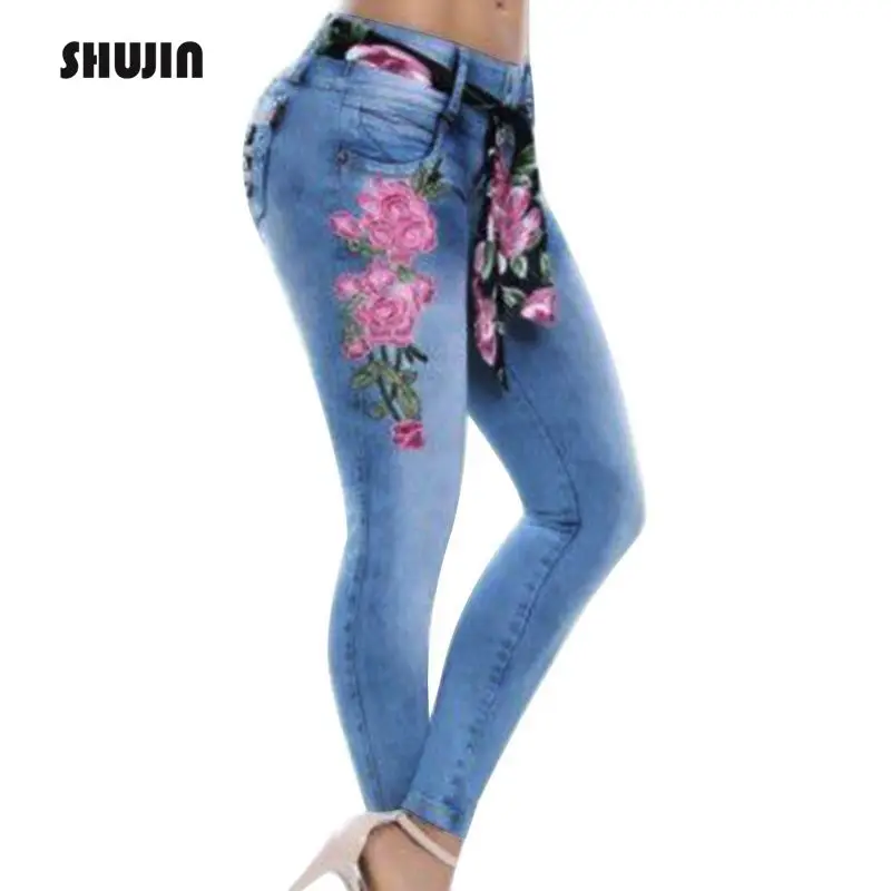 

SHUJIN 2018 Women Floral Embroidery Jeans Stretch Elastic High Waist Pencil Pants Slim Trousers Jeans Plus Size 5XL