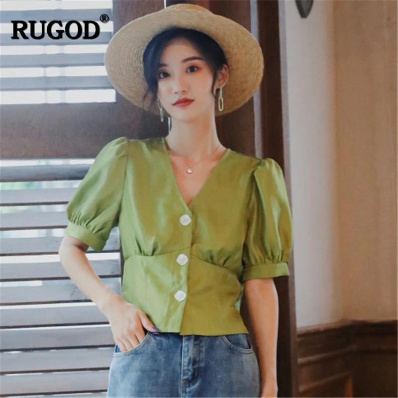 

RUGOD 2019 New Summer Women Avocado Green Shirt V-neck Short Sleeves Loose Button Blouse Vintage French Style Fashion Female Top