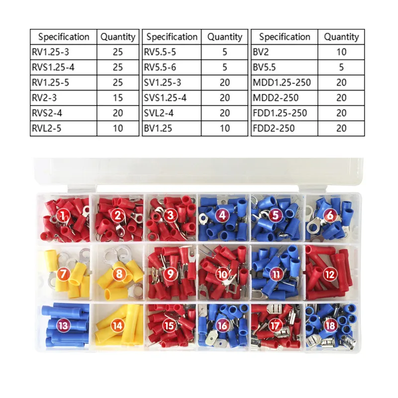 295 шт./кор. 18 в 1 изолированные клеммы Лопата кольцо вилка боксеры u-типа электрические обжимной соединитель трубка разъем провода Кабельные наконечники в наборе для