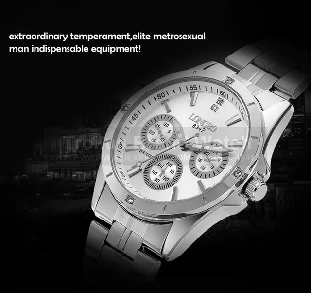 Longbo 8342 Men Quartz Watch Stainless Steel Band Three sub dials