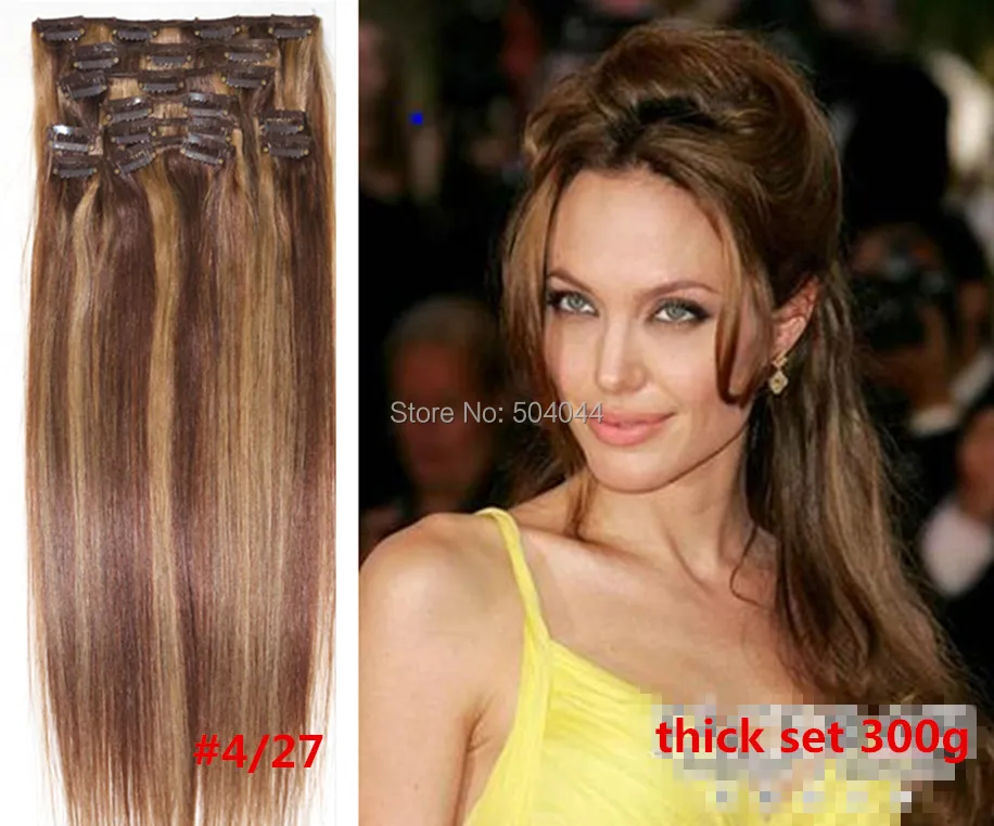 

free shipping 12pcs thick set  100% soft  indian remy clips in/on human hair extensions  #4/27 mix color  300g