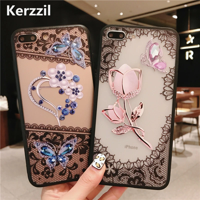 Kerzzil 3D Алмазный розовый чехол для телефона iPhone X XS Max XR с кружевным цветком Жесткий