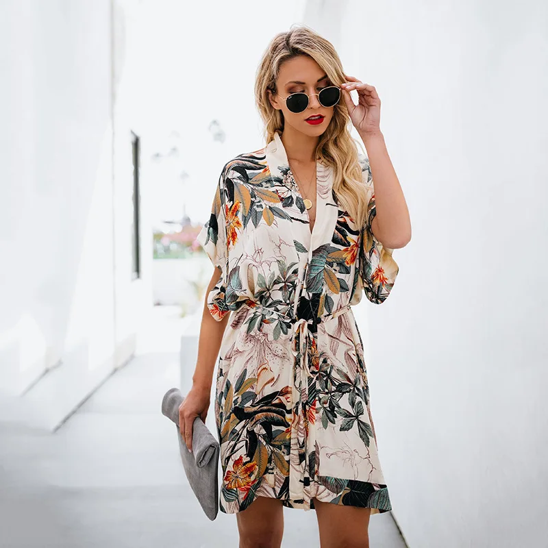 

2019 European and American fashion spring new hot women's print v-neck dress