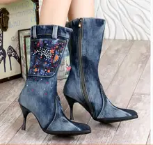 New Blue Denim Mid -Calf Boots Casual Crystal Stiletto Heels Cowboy Pointed Toe High Heels Jean Zip Knight Boots New Blue Denim Mid -Calf Boots Casual Crystal Stiletto Heels Cowboy Pointed Toe High Heels Jean Zip Knight Boots