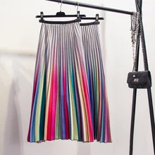 Новые женские юбки Harajuku с разноцветными градиентами, плиссированные юбки, полосатые атласные длинные юбки до середины голени, женские юбки