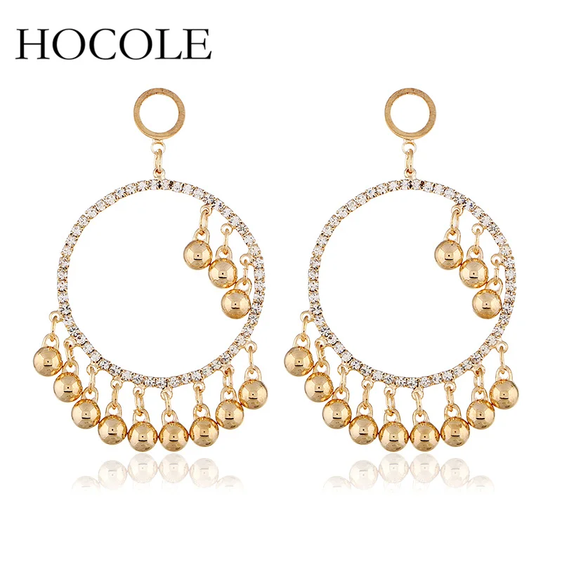 

HOCOLE Punk Circle Smooth Beads Rhinestone Statement Earrings Maxi Charm Party Bijoux Boho Ball Dangle Drop Earring For Women