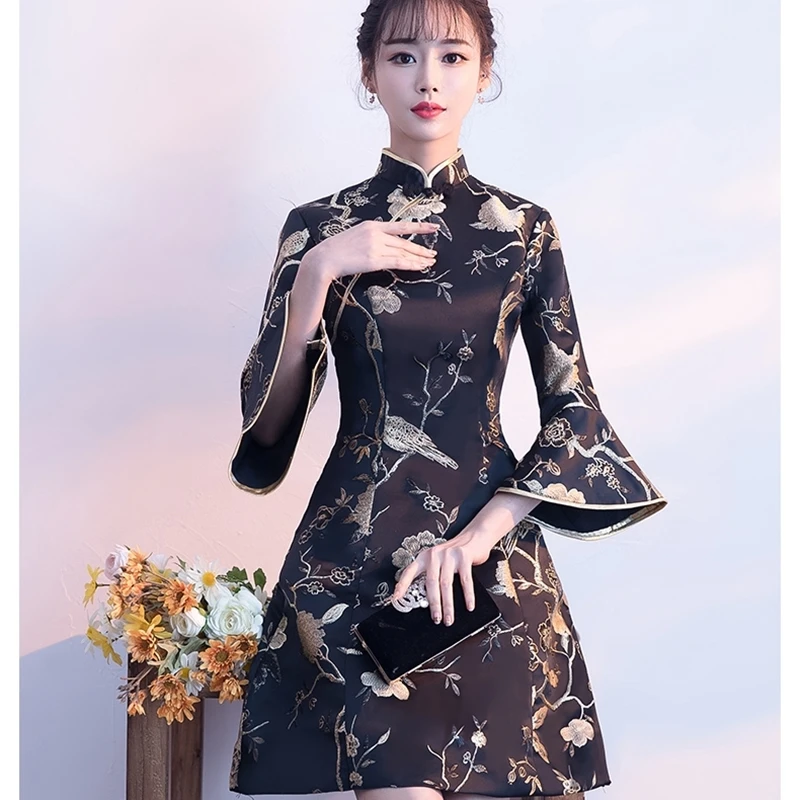 Элегантные традиционные женские китайское платье горячая Распродажа три четверти рукав «фонарик» туника с вышивкой восточное платье женские FF002