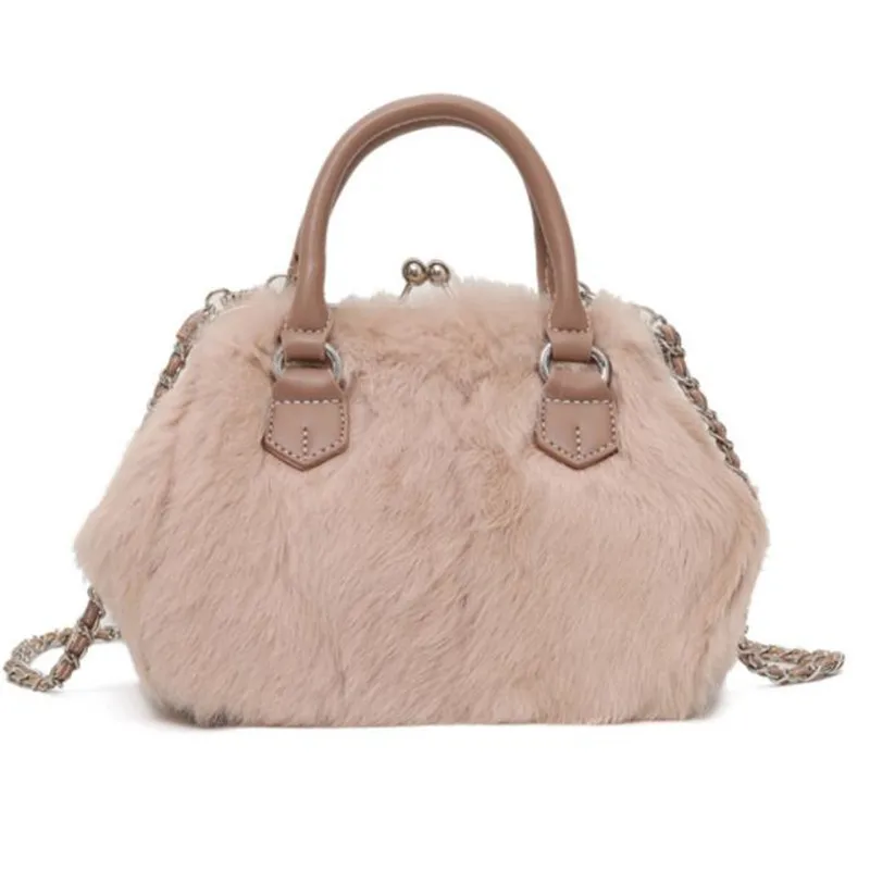 

Meloke 2019 new women fur handbags metal hasp shoulder bags with chain Korean style women mini tote luxury cross body bag MN1188