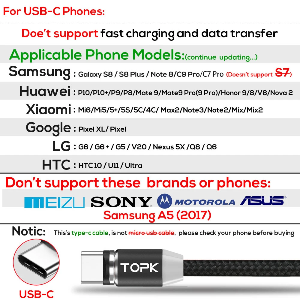 TOPK AM23 1M LED Magnetic Cable & Micro USB Cable & USB Type C Cable Nylon Braided Type-C Magnet Charger Cable for iPhone Xs Max