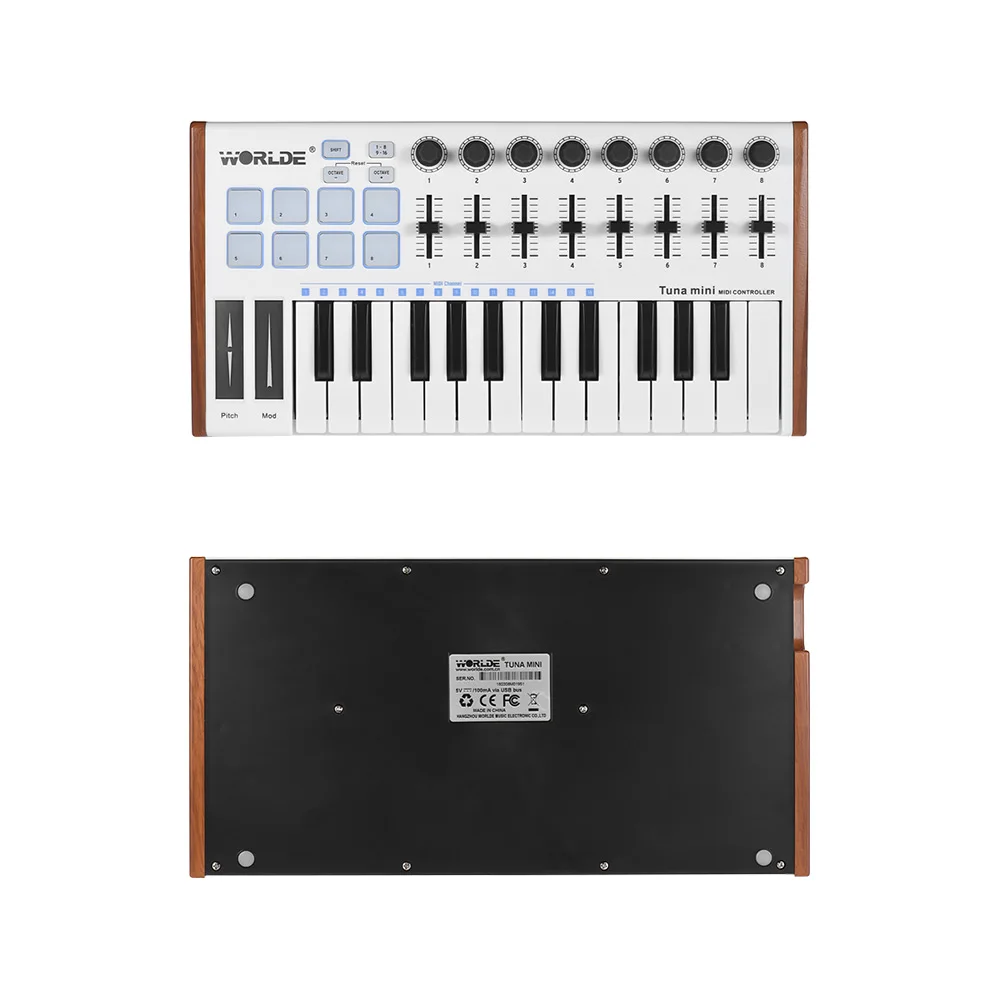 WORLDE Midi Keyboard Midi Controller TUNA 25-Key USB MIDI Keyboard Controller 8 RGB Backlit Trigger Pads with 6.35mm Pedal Jack