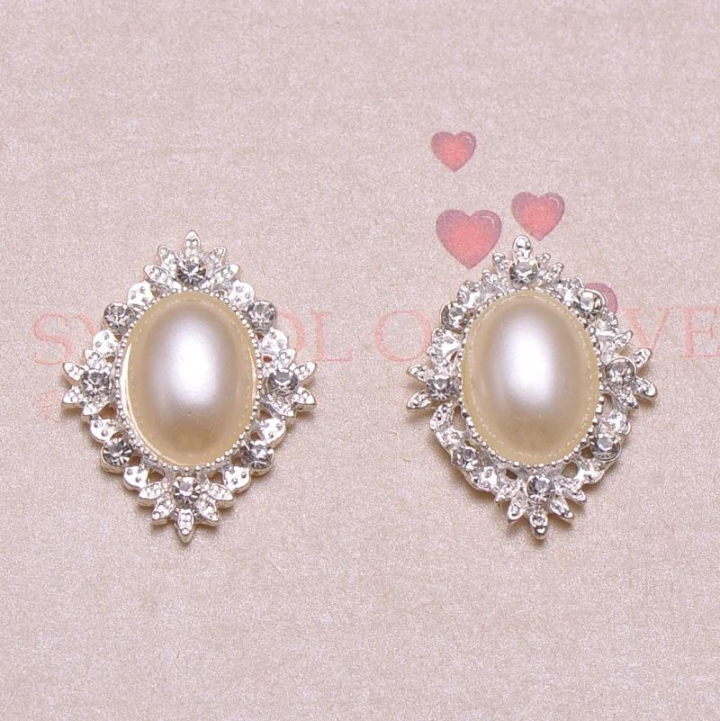 

(J0859)25mmx32mm rhinestone button rhinstone cluster,silver plating,flat back,100pcs/lot,ivory or pure white pearl in middle