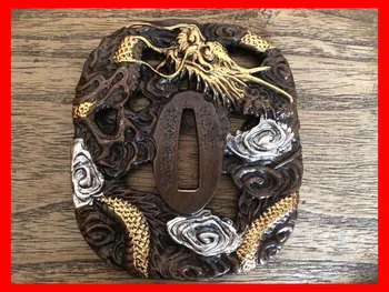 

Top Quallty Collectable Knife Accessories Handmade Japanese Katana TSUBA Brass Gilt Dragon Sword Signed Guard