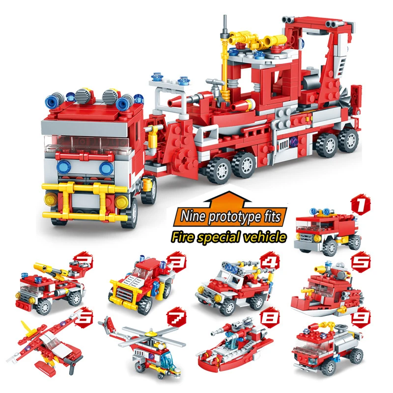

Fire 9 in 1 Building block compatible with urban blocks Legoings children's model Combat toy traffic Truck car helicopter ship