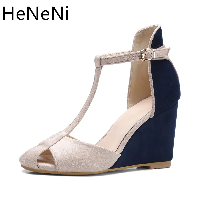 

New Summer Women sandals platform Wedges High heel sandals Woman T-strap Buckle Peep toe Sandals Girl Sandals Plus size 32-43