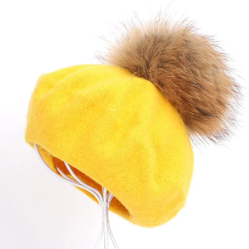 Yellow Берет художника, уличные шапки художника, осень и зима, новые теплые вязаные однотонные кепки, модный мех енота, помпон, берет в стиле винтаж - Цвет: Yellow