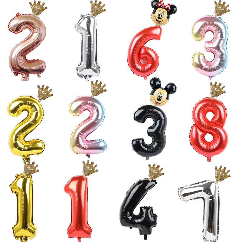 

32inch Rose Gold Sliver Number Foil Balloons Crown Mickey Minnie Balloon figure 1 2 3 4 5 Year Kid Boy Girl Birthday Party Decor