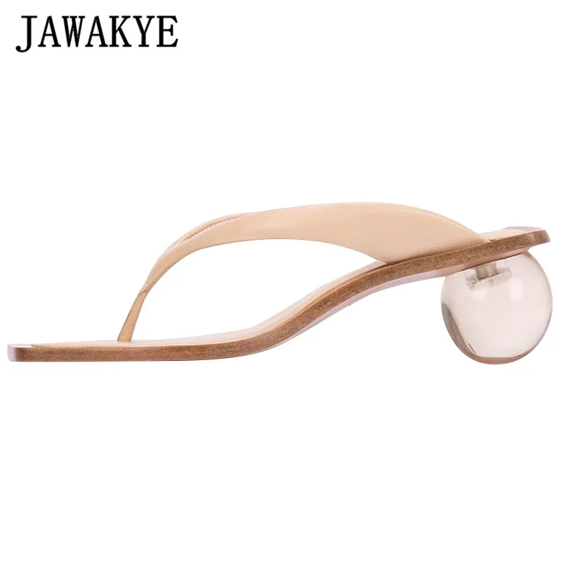 

New Clear Crystal Ball Heels Slippers for Women Flip Flops Khaki Genuine Leather Summer Shoes Strange heel Mules Beach Shoes