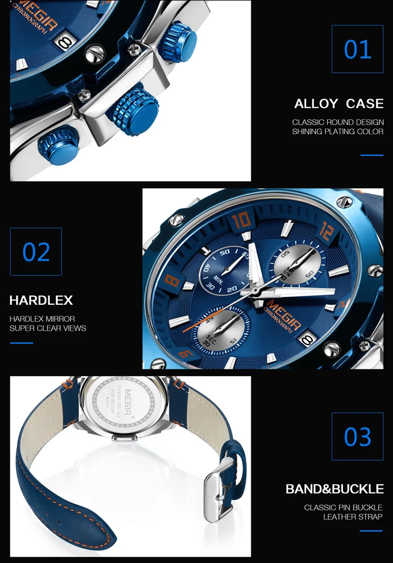 MEGIR Мужские часы от ведущего бренда, Роскошные Синие наручные часы с хронографом, военные спортивные часы с кожаным ремешком, мужские часы 2074