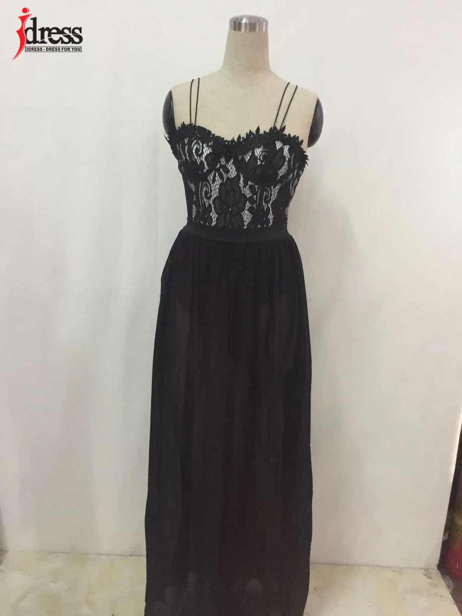 IDress 2017 Spaghetti Strap Black Lace Dress Women Party Elegant Floral Lace Chiffon Dress Floor Length Split Women Long Dress (4)
