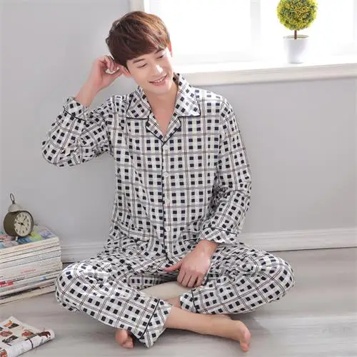 Мужские весенне-осенние пижамные комплекты из хлопка, Мужская пижама клетчатая одежда высокого качества с длинными рукавами, вязаная домашняя одежда - Цвет: 11812