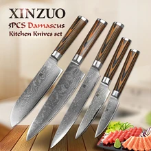 5 pcs kitchen knife set 73 layer Japanese VG10 Damascus steel kitchen knife cleaver chef utility knife wood handle free shipping