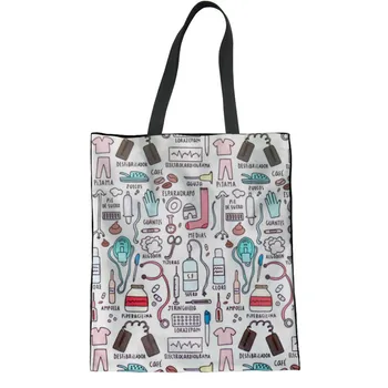 

ThiKin Eco-friendly Canvas Shopping Bag Casual Reusable Folded Shoulder Bag Ladies Women Nurse Print Linen Laige Tote Bags