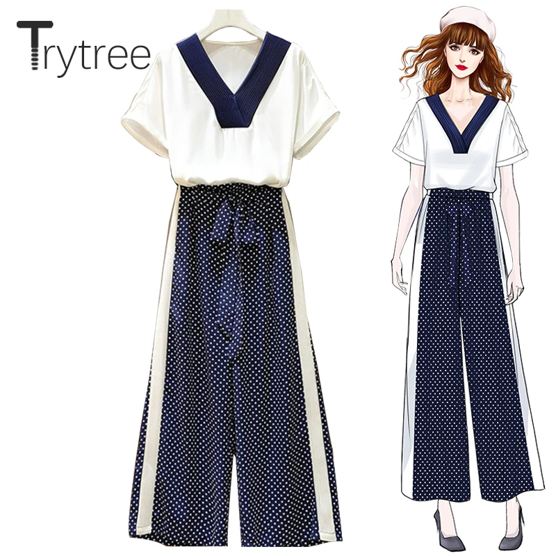

Trytree Summer Women Two piece set Casual V-neck Tops + Pants Dot Drawstring Elastic Waist Wide Leg Pants Lady Suit 2 Piece Set