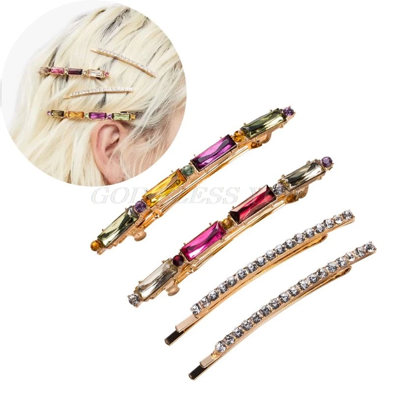 

4Pcs/Set Women Side Bangs Decorative Hair Clips Colored Faux Diamond Glitter Rhinestone French Spring Hairpins Jewelry Barrette