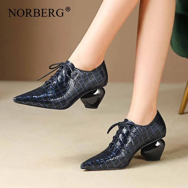 

NORBERG fashion sheepskin women high heels pointed Lace-Up office woman summer / autumn shoes comfortable leather shoes
