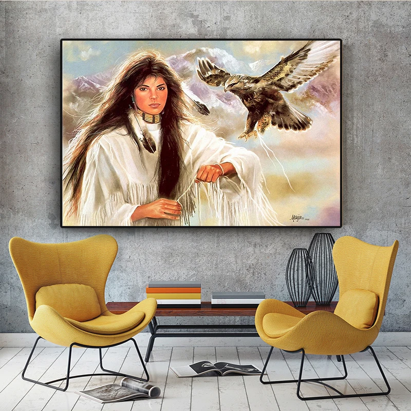 

Native Indian Girl Fwith Eagles Oil Painting on Canvas Posters and Prints Scandinavian Wall Art Picture for Living Room