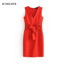 JuneLove, женское элегантное красное платье с v-образным вырезом, с рюшами, с поясом-бабочкой, без рукавов, однотонная женская офисная одежда, Мини платья, vestidos
