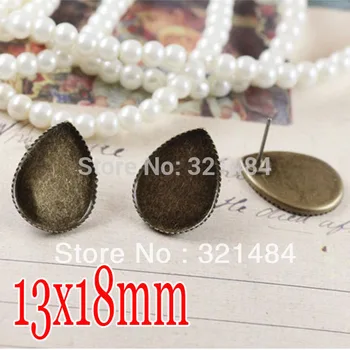 

Wholesale 1000pcs Antique brass/bronze 13x18mm tear drop shape Earring stud blank base cabochon setting earring post findings