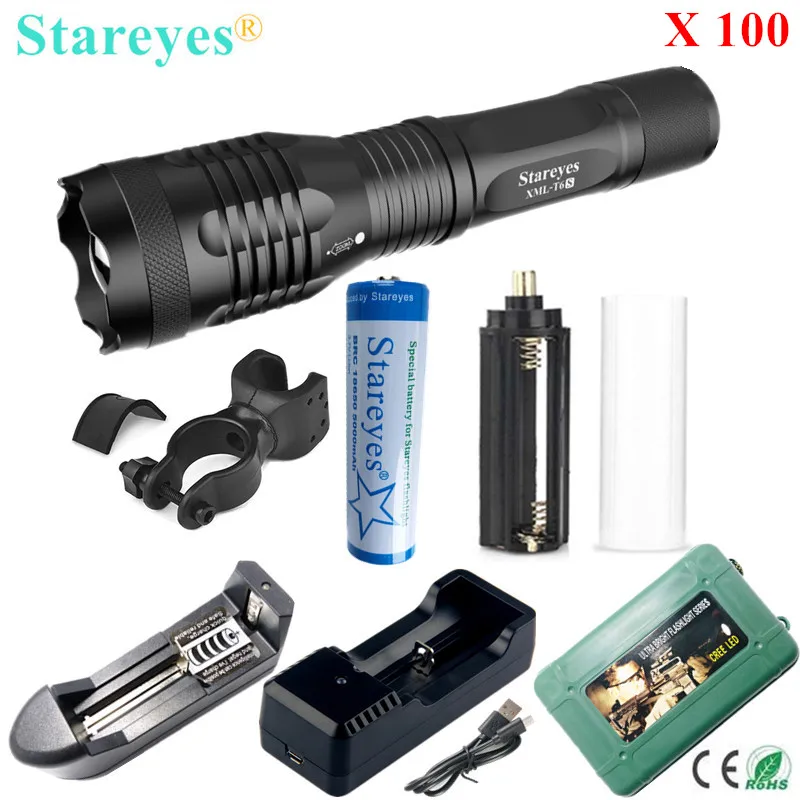 

Wholesale 100Pcs the latest version Super Bright XML-T6S 4000LM LED Torch Zoomable Flashlight 18650 Rechargeable battery Charger