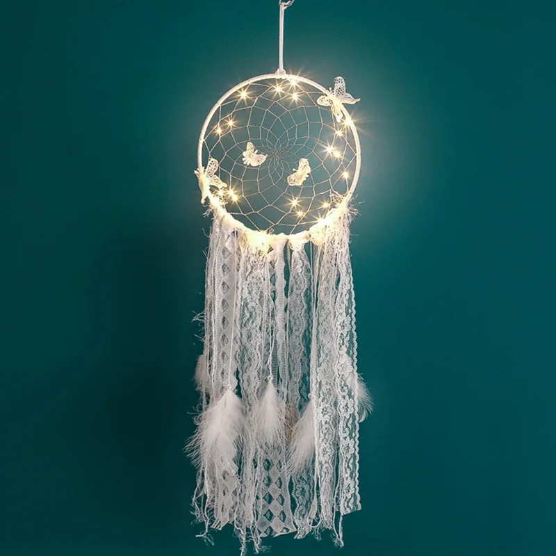 Dream Catcher Feather Girl Style Handmade Dreamcatcher With String Light Innovative Home Bedside Wall Hanging Decoration 1Pcs