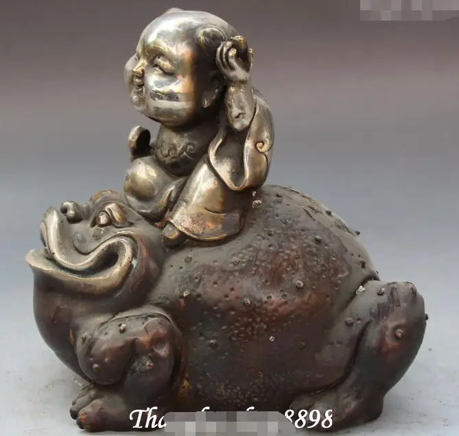 

11"China Folk Bronze Silver Liu Hai Liuhai Tongzi Kid Golden Toad Spittor Statue