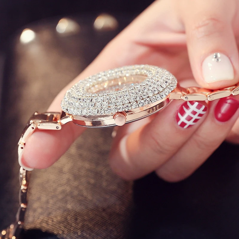 Luxury Top Brand Rose Gold Quartz Womens Watch Bling Bling Full Crystal Dial Stainless Steel Bracelet Dress Ladies Wristwatches