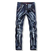 2018 new ripped jeans and repaired jeans Streat Wear Heavy Distressed and Whiskering Light Blue Slim Fit Cotton Denim Mens
