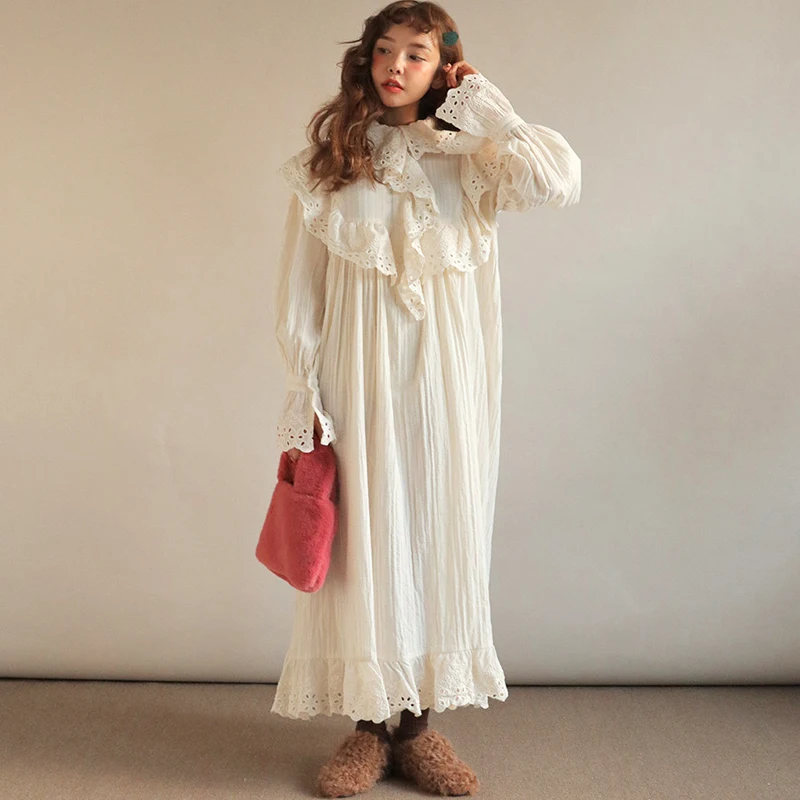 

new cotton hollowed lace dress long turtle neck ruffles flare sleeve