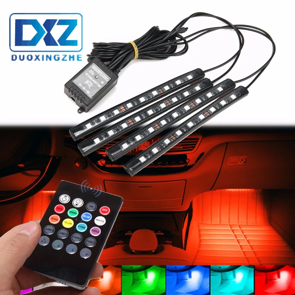 

DXZ 4PCS/set 9LED 7 Color Car Interior Lighting Atmosphere Floor Strip Lamp Remote Music Control Car Interior Neon Lights