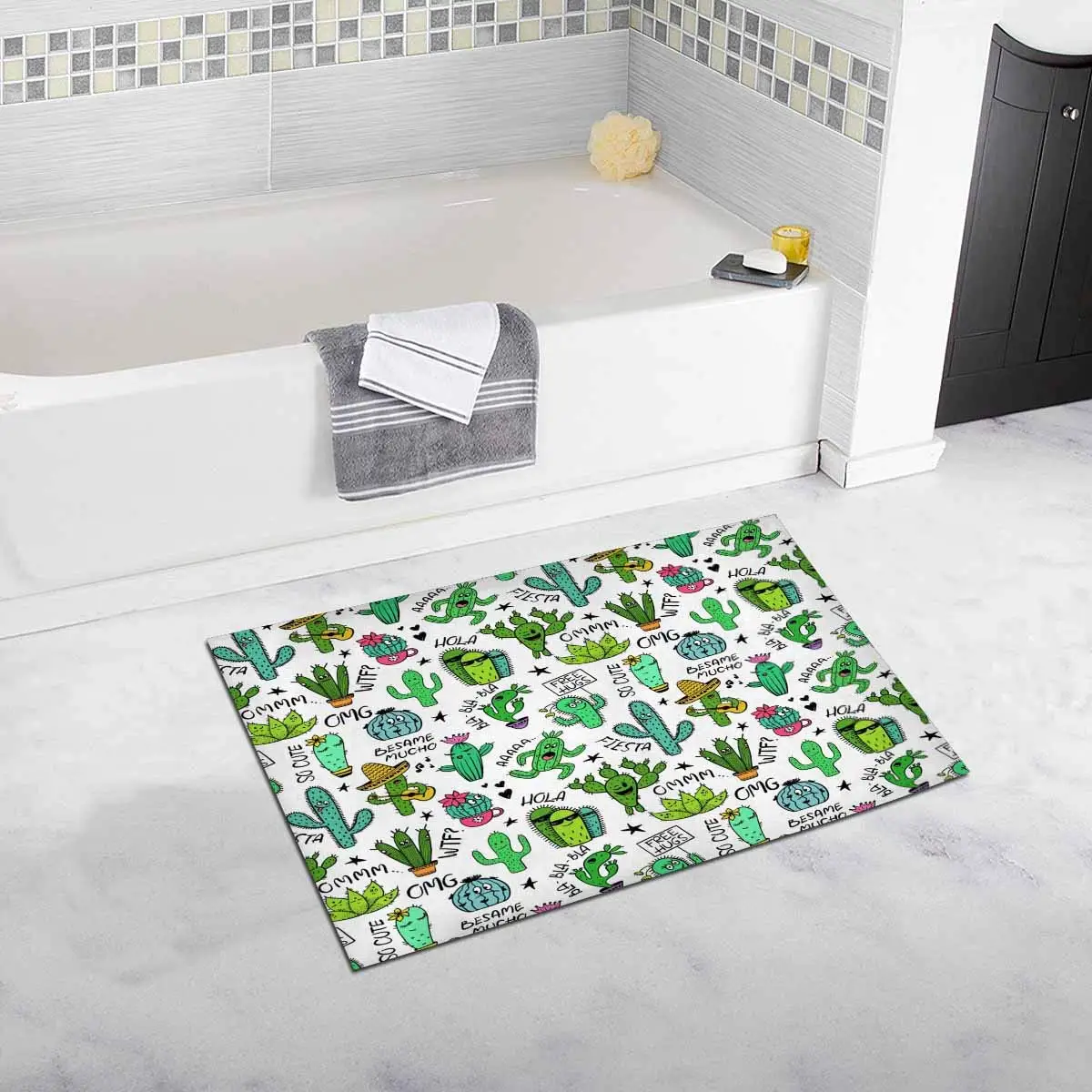 Colorful Cartoon Cactus 20" X 32" Soft Shaggy Bath Mat Non slip Rubber