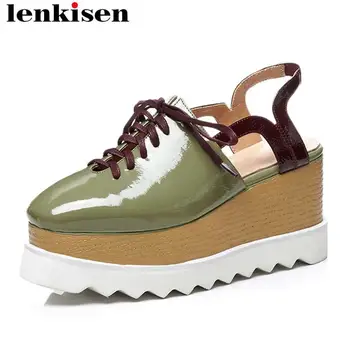 

Lenkisen brand mixed color cow leather punk European style wedges platform high bottoom square toe slingback gladiator shoes L02