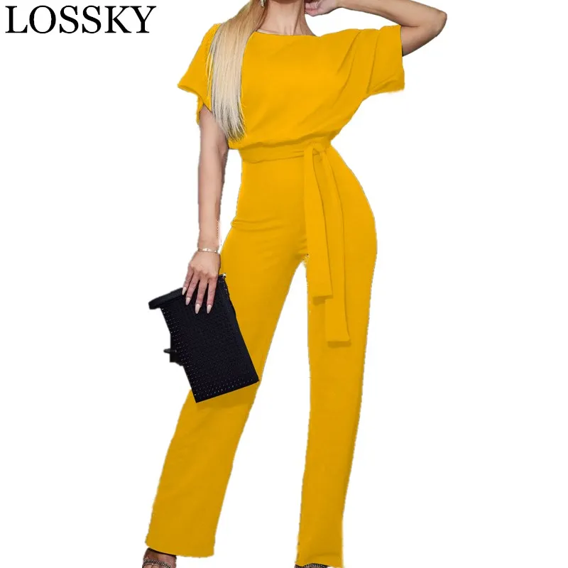 

Slim Elegant Long Jumpsuits O Neck Short Sleeve Sashes Women's Summer Jumpsuits Long Pants Bodysuit Rompers Overalls For Women