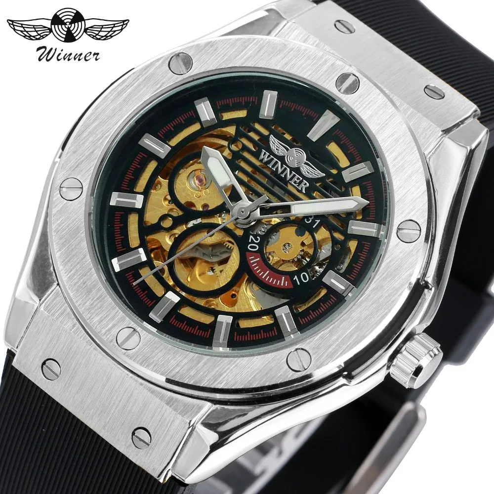 

WINNER Men Sports Casual Auto Mechanical Wristwatch Soft Rubber Band Sub Dial Auto Date Skeleton Dial Design Watch + Gift BOX