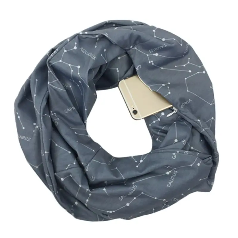 

Womens Double Layer Secret Hidden Zipper Pocket Infinity Loop Scarf Constellation Sign Line Letters Winter Ring Scarf